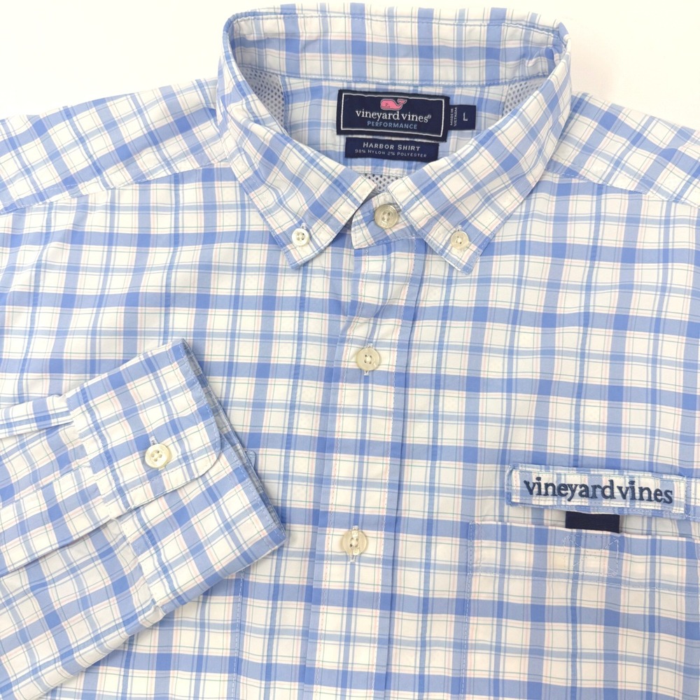 Vineyard Vines Performance Harbor Shirt Mens Large Blue Plaid Vented Fishing